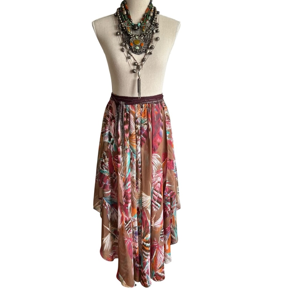 Tasha Polizzi Festival Midi Skirt Earthy Brown Feather Print Asymmetrical Hem M